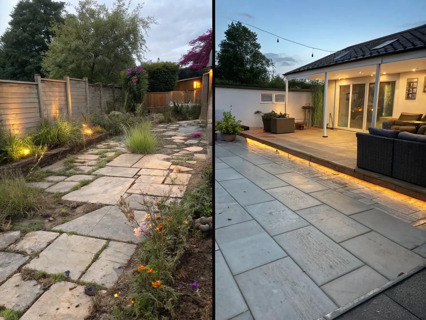A high-resolution before-and-after image showcasing a patio transformed by Jet Wash Innovations' cleaning service. The 'before' side shows a dirty, algae-covered patio, while the 'after' side reveals a clean, bright, and inviting space.