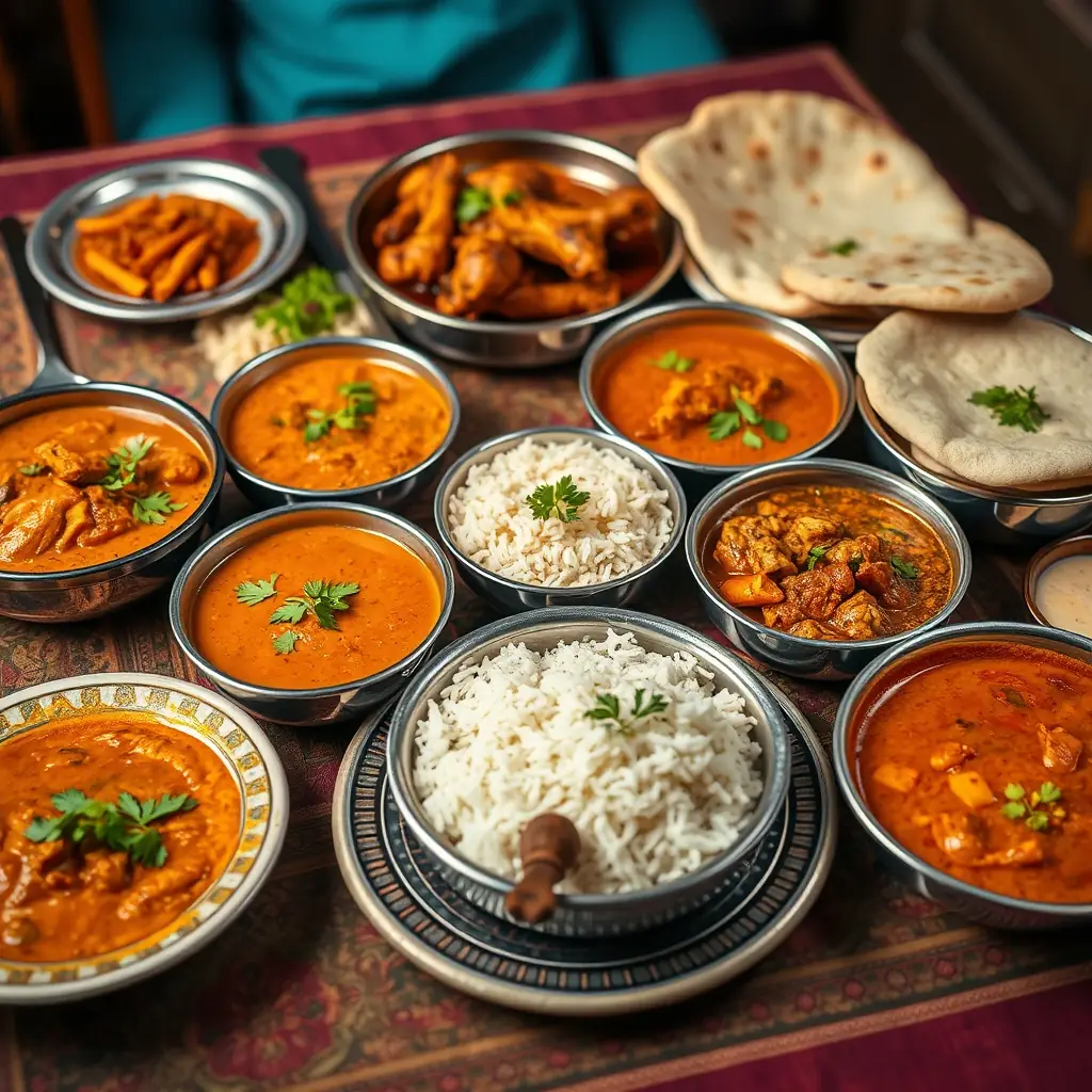 A vibrant image showcasing a beautifully arranged Indian catering spread, emphasizing the diversity and richness of Pratape Foods' culinary offerings.