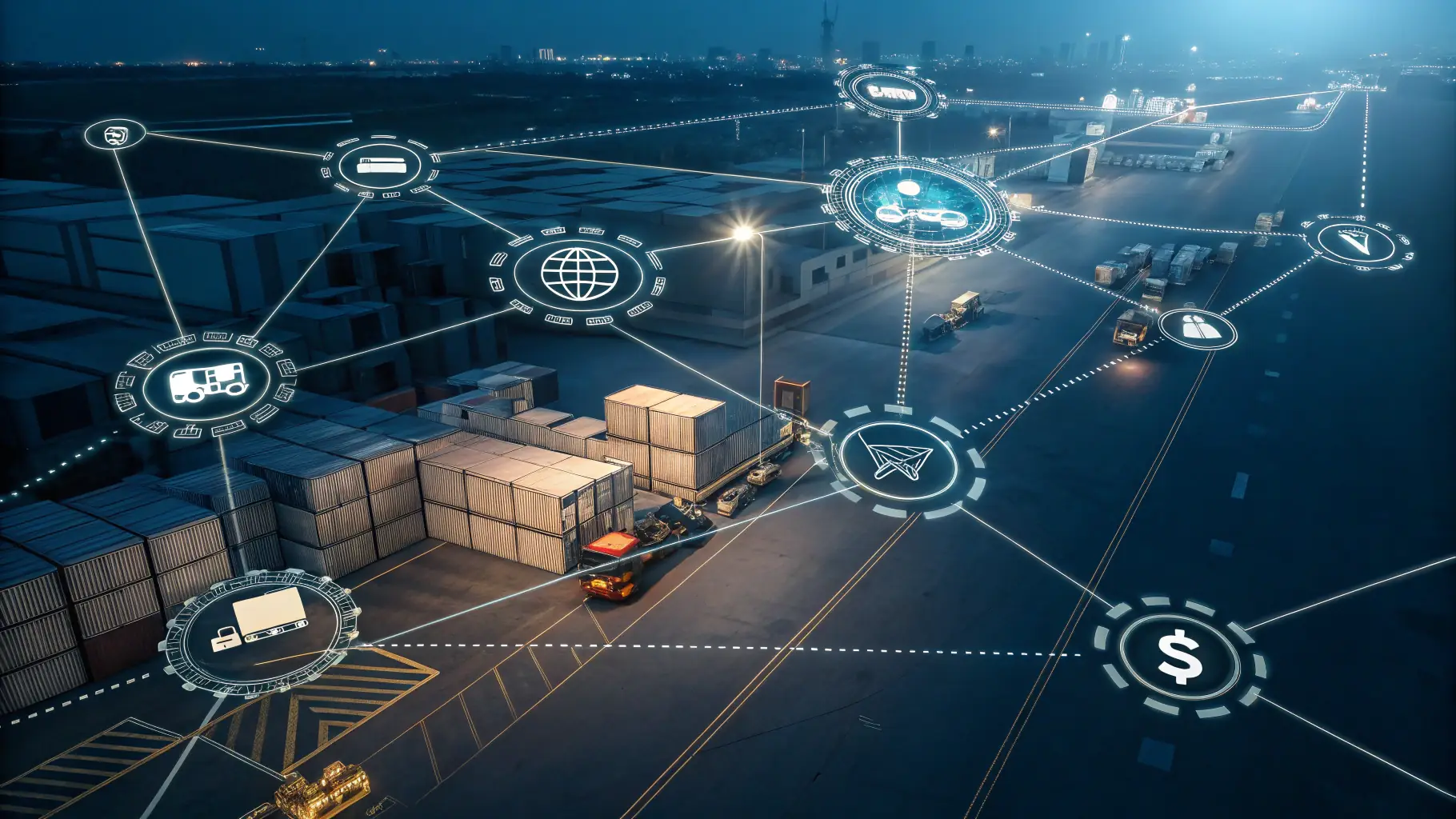 Illustration of a supply chain with various logistics components such as warehousing, transportation, and distribution, all seamlessly integrated and managed by a central platform.