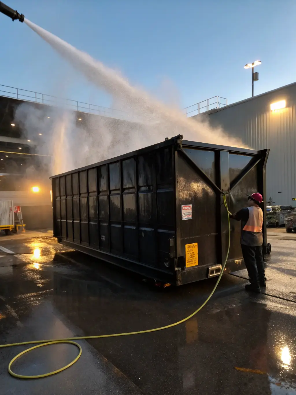 A dumpster area of a commercial property being thoroughly cleaned with high-pressure water, removing grease and waste, demonstrating E&S Pressure Washing LLC's dumpster area cleaning service.