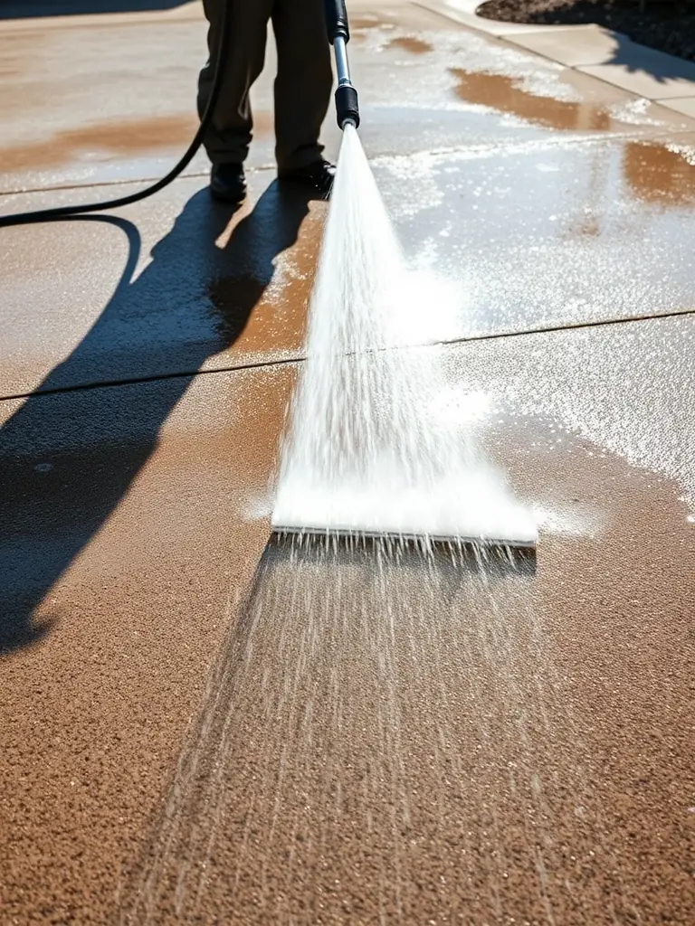 A high-pressure water stream cleaning a heavily stained concrete driveway, removing dirt and grime, showcasing the effectiveness of E&S Pressure Washing LLC's driveway cleaning service.
