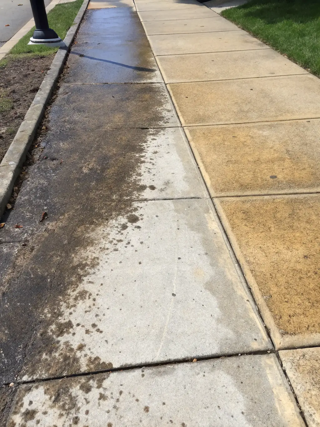 A before-and-after shot of a sidewalk, with the 'before' side covered in algae and the 'after' side sparkling clean after E&S Pressure Washing LLC's sidewalk cleaning service.