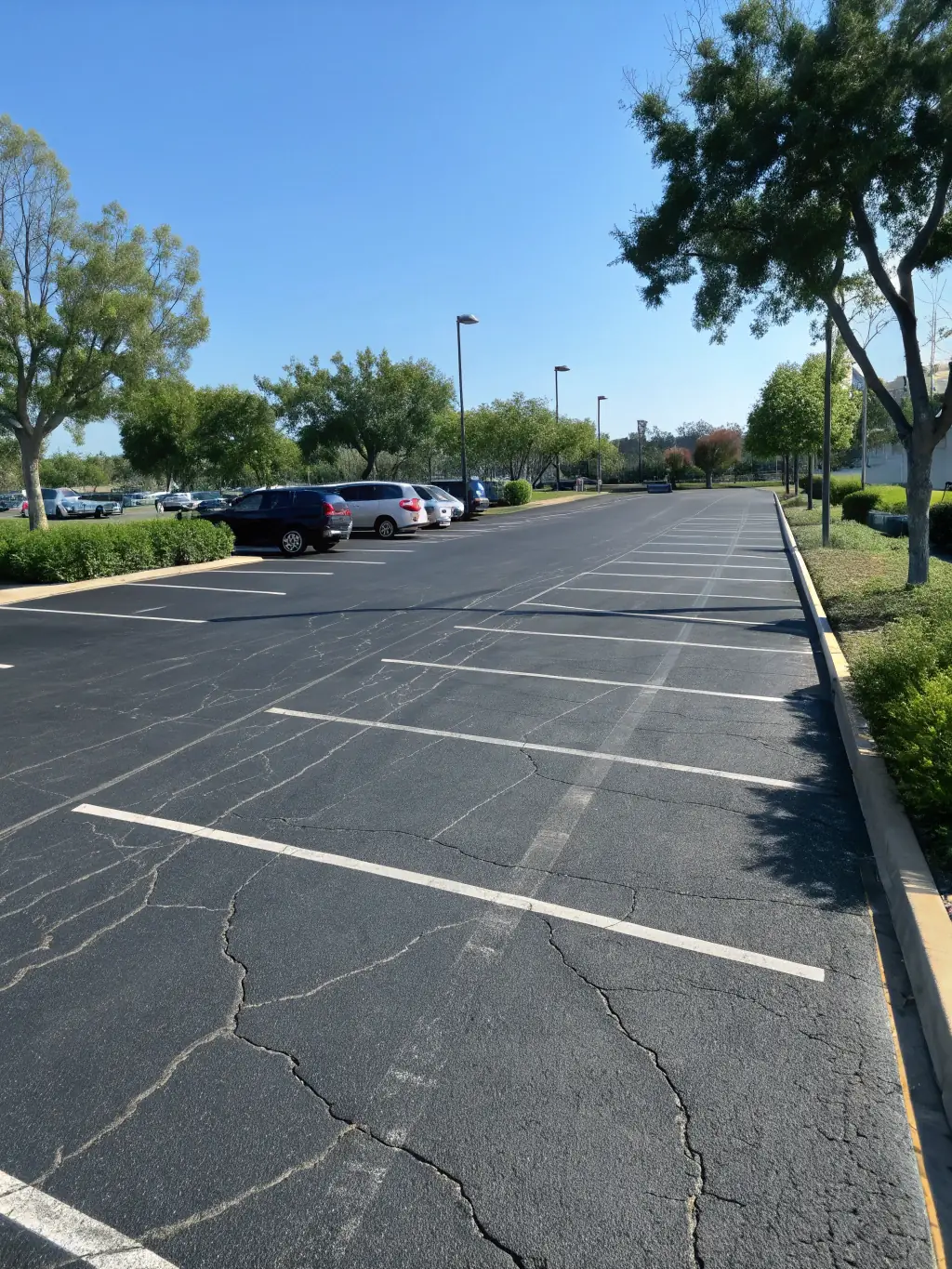 A large parking lot with clearly defined parking spaces, freshly cleaned and free of oil stains and debris, highlighting E&S Pressure Washing LLC's parking lot cleaning service.