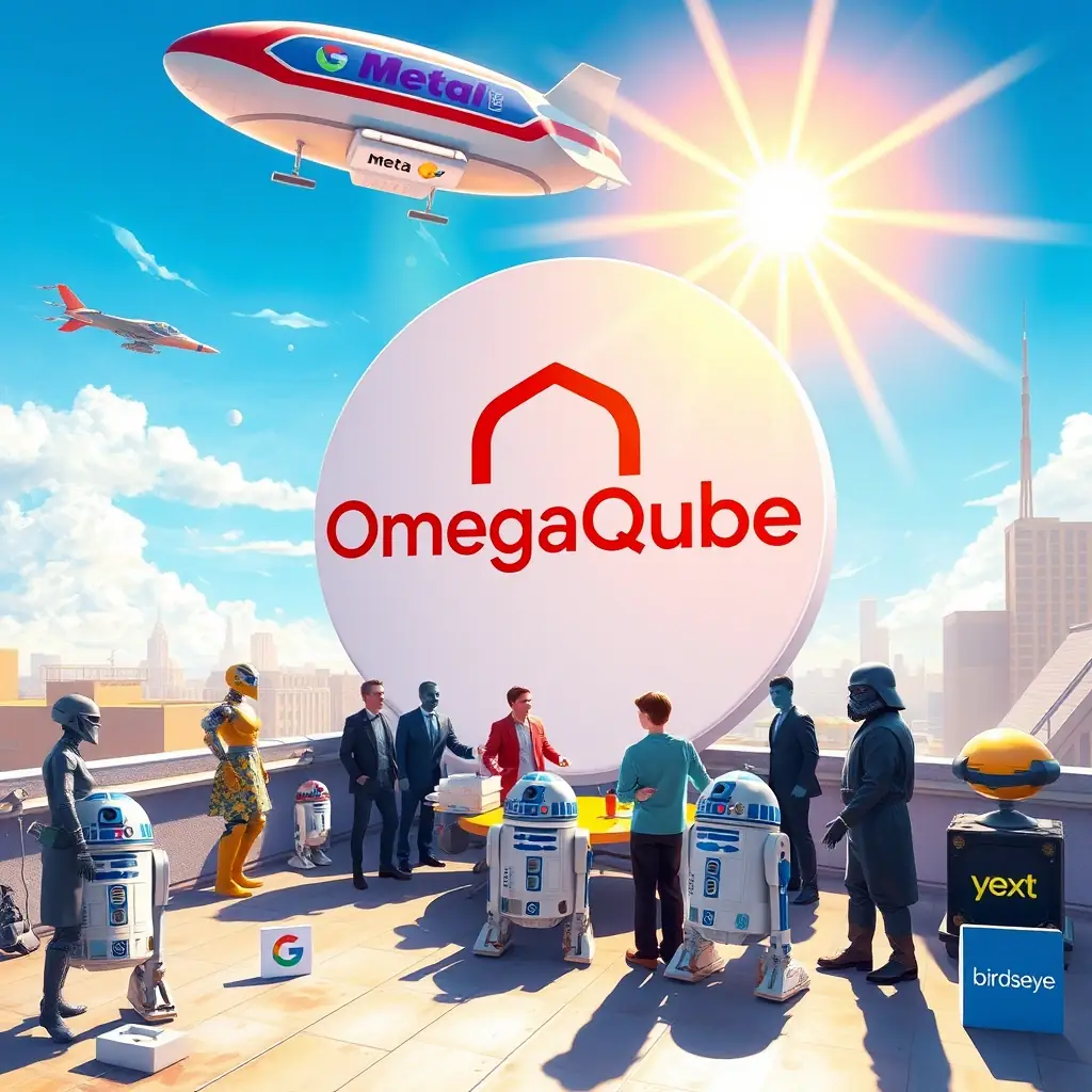 A vibrant, detailed digital painting depicting a rooftop meeting with a Meta blimp overhead. An X-wing fighter is parked nearby. Figures representing Google, X, Yahoo, Bing, and LinkedIn are present, along with R2-D2. A large OmegaQube logo is prominently displayed, with sun rays shining off it. An AI robot team and SEO gurus are also in attendance, along with representations of Yext and Birdseye local directories.