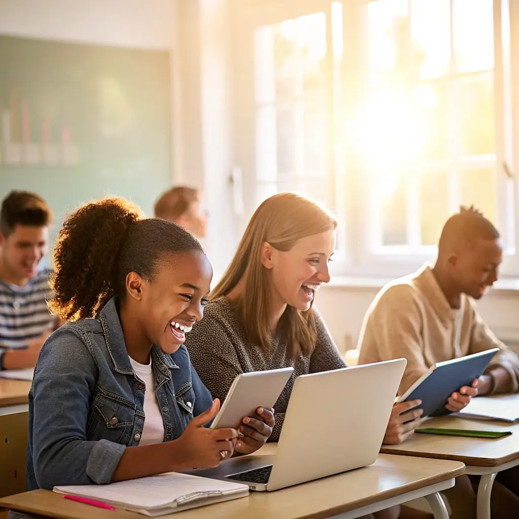 A diverse group of students happily engaged in an online English class, with the instructor providing personalized feedback and encouragement.