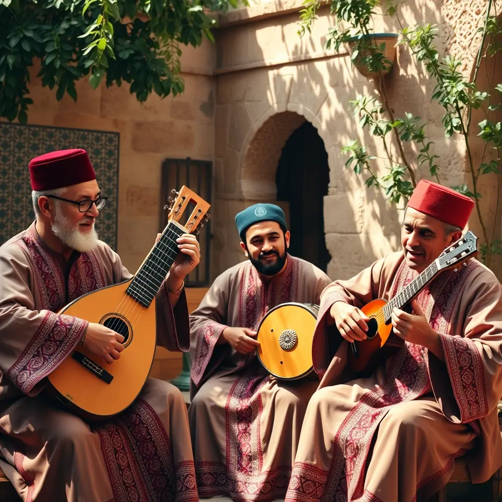 A group of local musicians playing traditional Moroccan music in a courtyard.