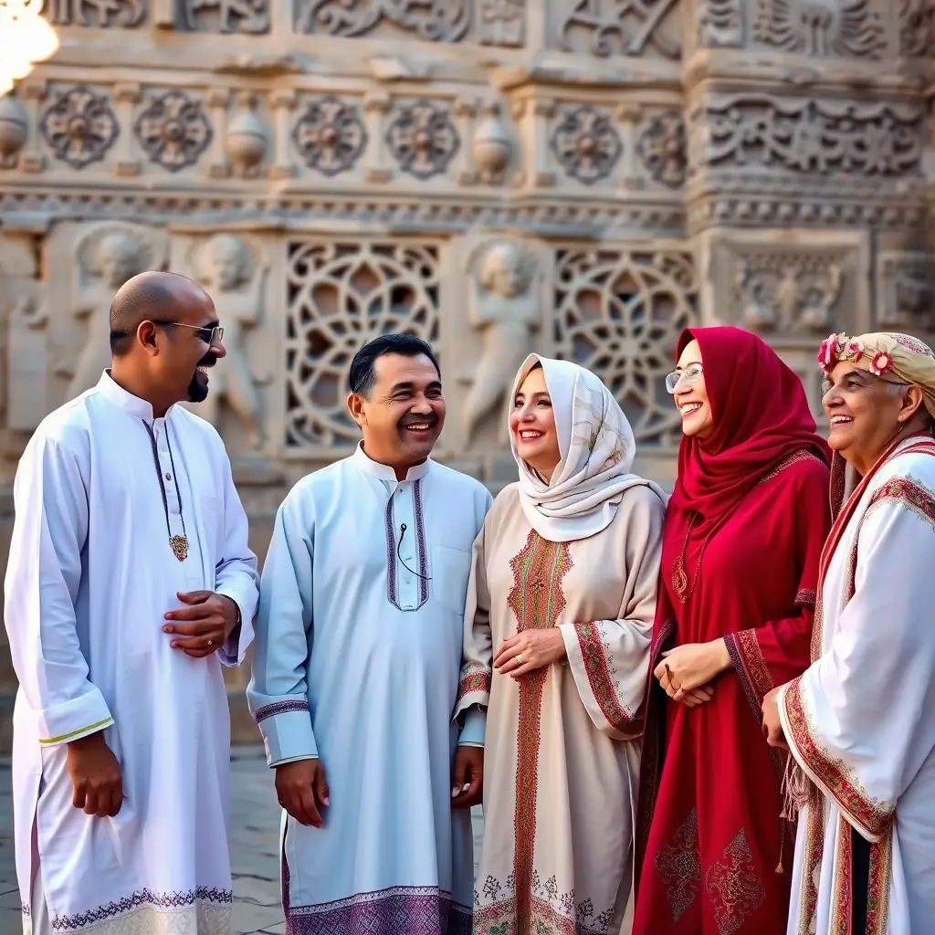 A group of local people dressed in traditional Moroccan clothing, smiling and interacting with each other.
