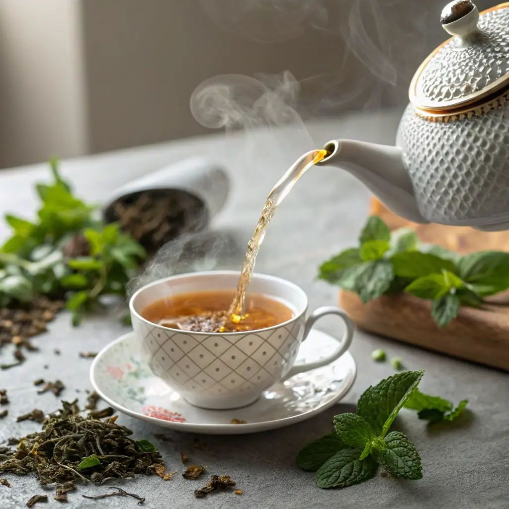A close-up shot of a traditional Moroccan teapot and glasses, with mint tea being poured.
