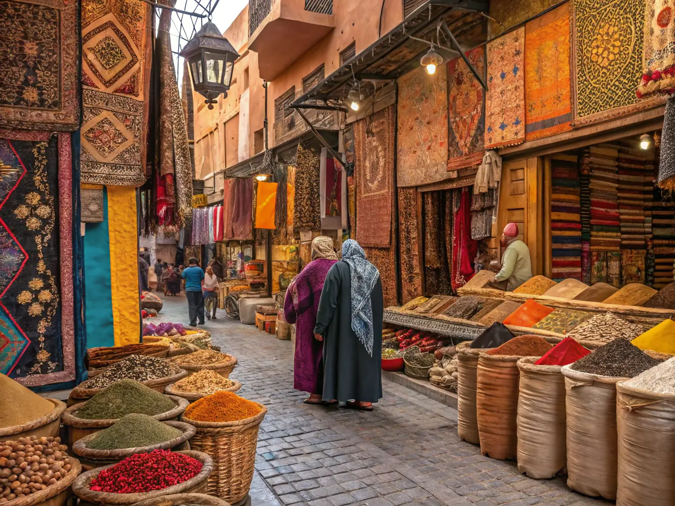 A vibrant, bustling marketplace in Marrakesh, filled with colorful textiles, spices, and traditional Moroccan crafts. Capture the energy and excitement of the souk, showcasing the rich cultural experience offered by Nomad Essence.