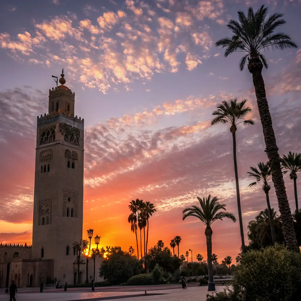 A panoramic view of the Koutoubia Mosque, one of the most iconic landmarks in Marrakesh.