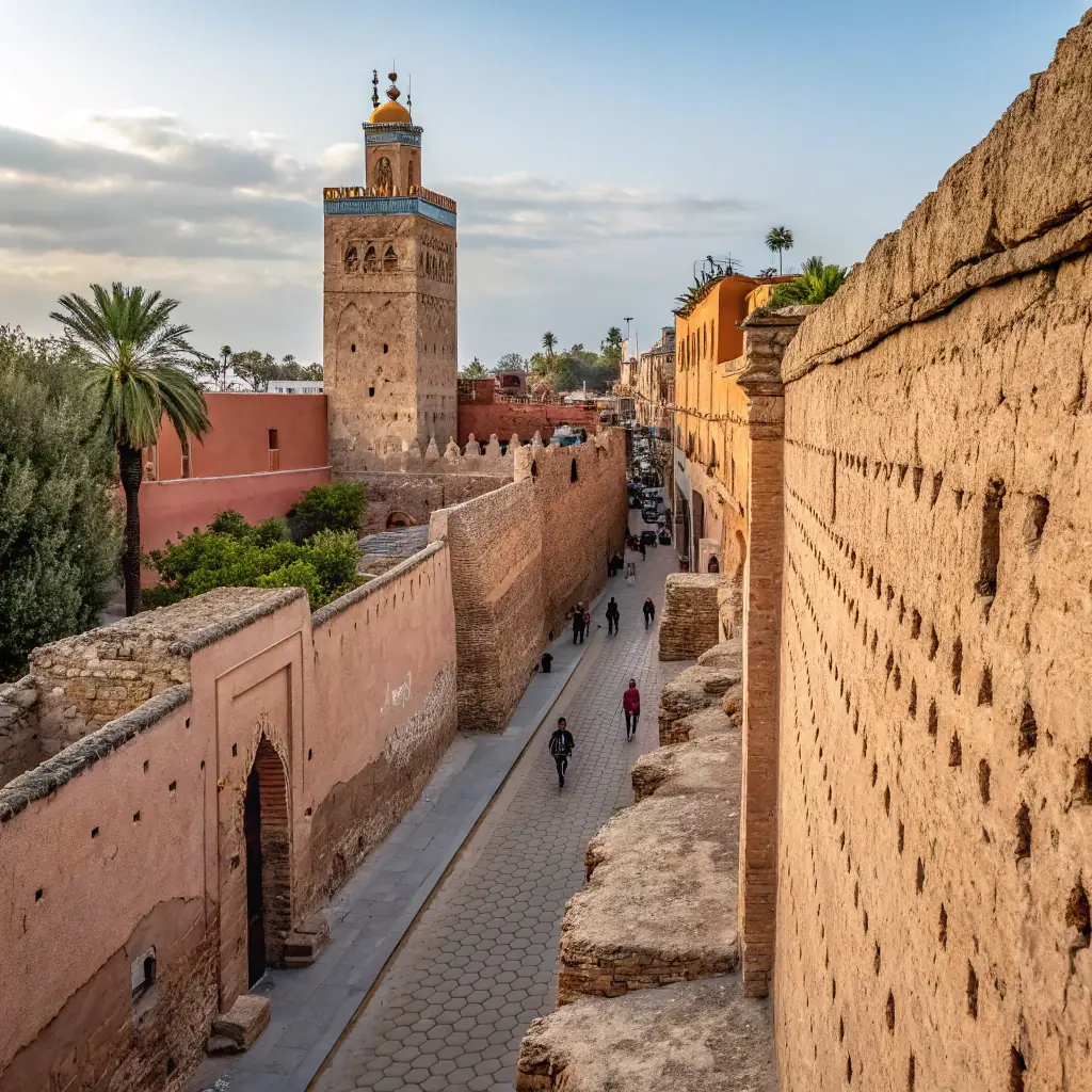 A historical photograph of Marrakesh, showing the city's ancient walls and traditional architecture.