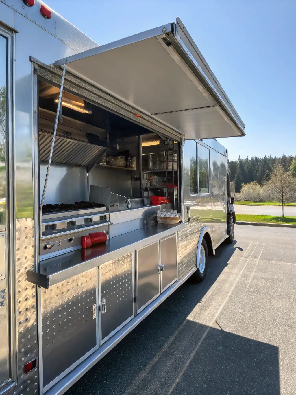 A vibrant food truck with a clean and well-maintained exhaust system, parked at a busy event, highlighting the importance of grease-free operations for mobile businesses.