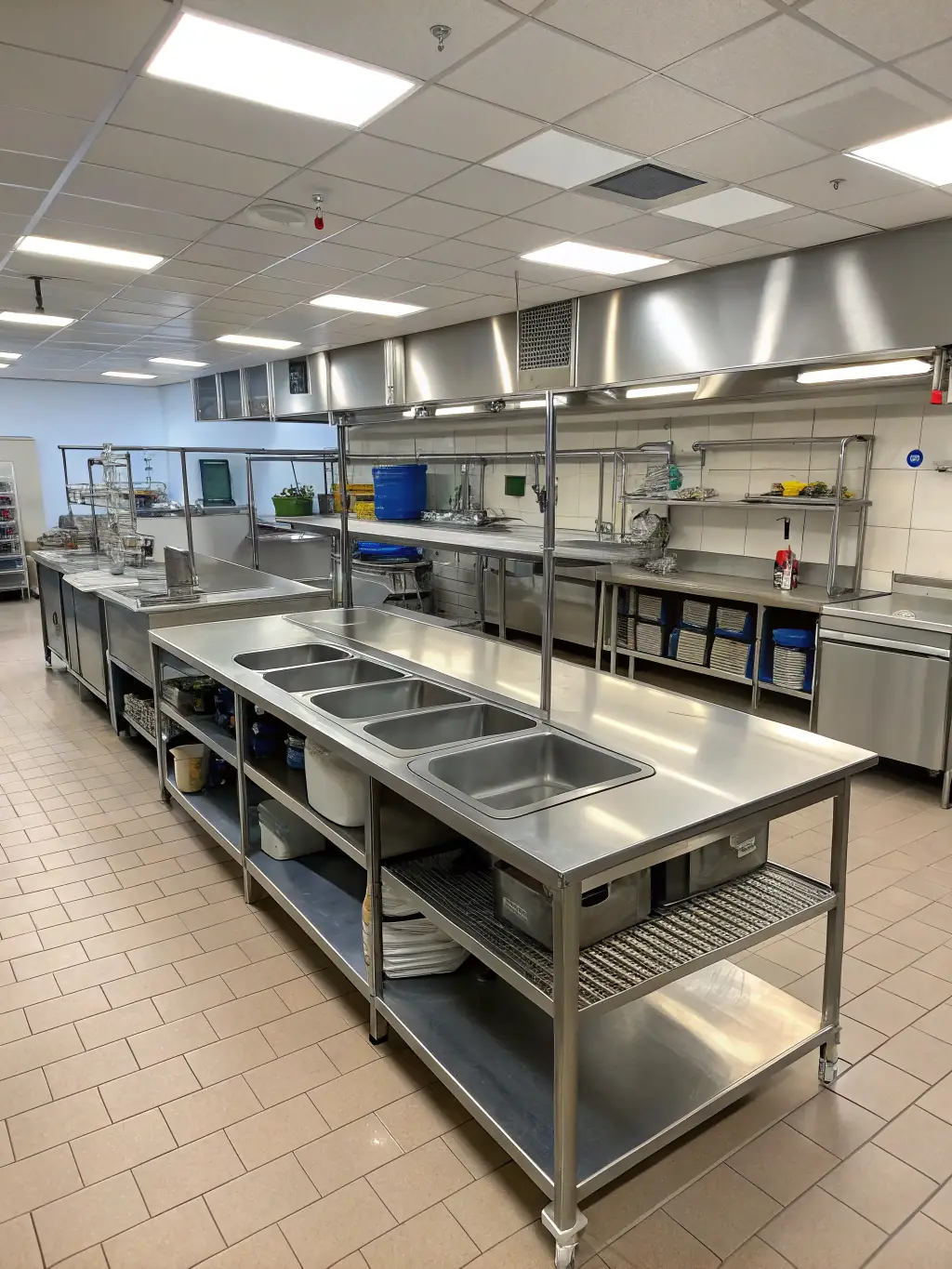 A luxurious hotel kitchen with stainless steel appliances, chefs in pristine uniforms, and a focus on cleanliness and hygiene, showcasing the importance of hood cleaning in maintaining high standards.