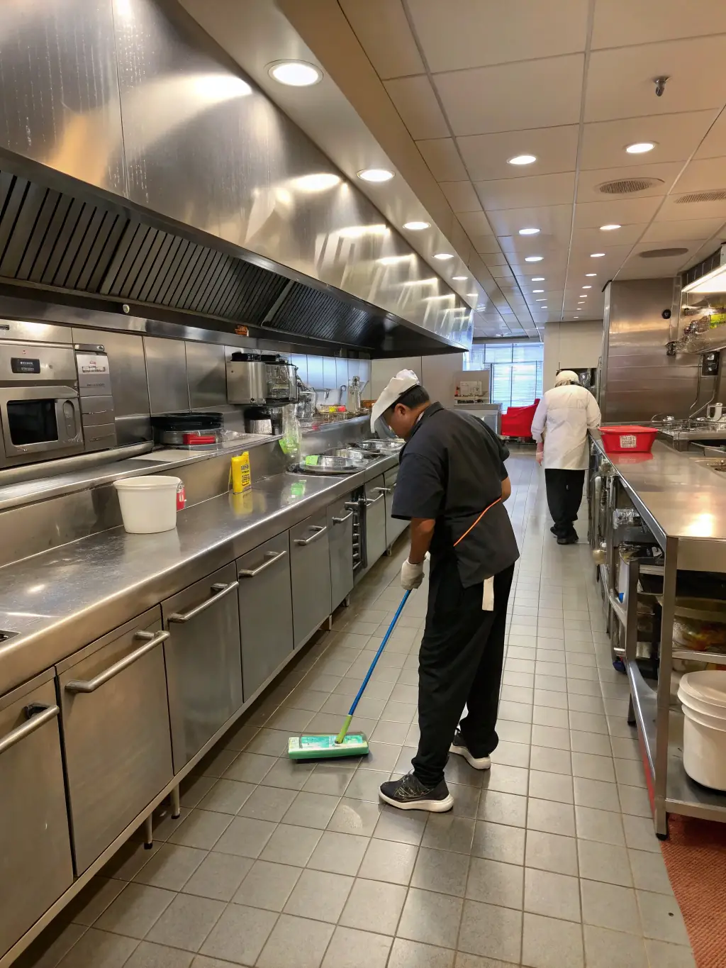 A large commercial kitchen in an industrial setting, with multiple cooking stations and staff, emphasizing the need for regular hood cleaning to maintain compliance and safety in high-volume environments.