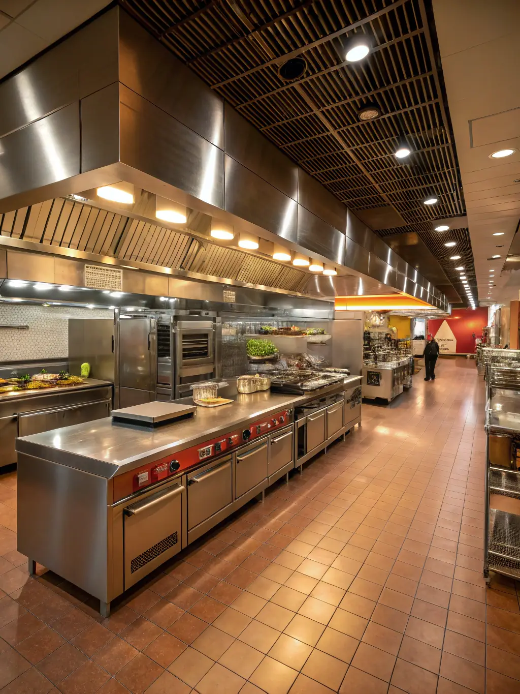 A brightly lit, bustling restaurant kitchen with chefs preparing food, steam rising from the stoves, emphasizing a clean and efficient workspace after hood cleaning.