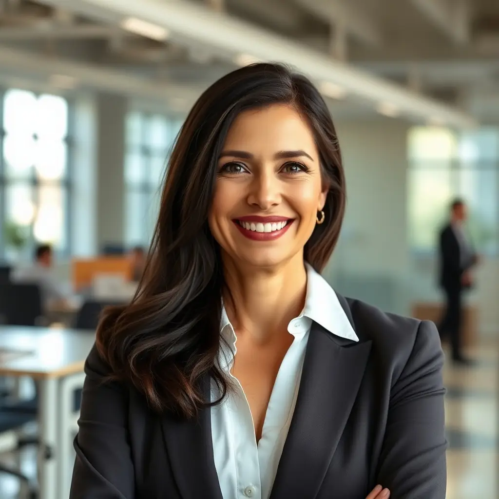 Sarah is an intelligent woman in her mid-50s with shoulder-length dark hair and a serious, yet approachable demeanor. She wears a smart business suit.