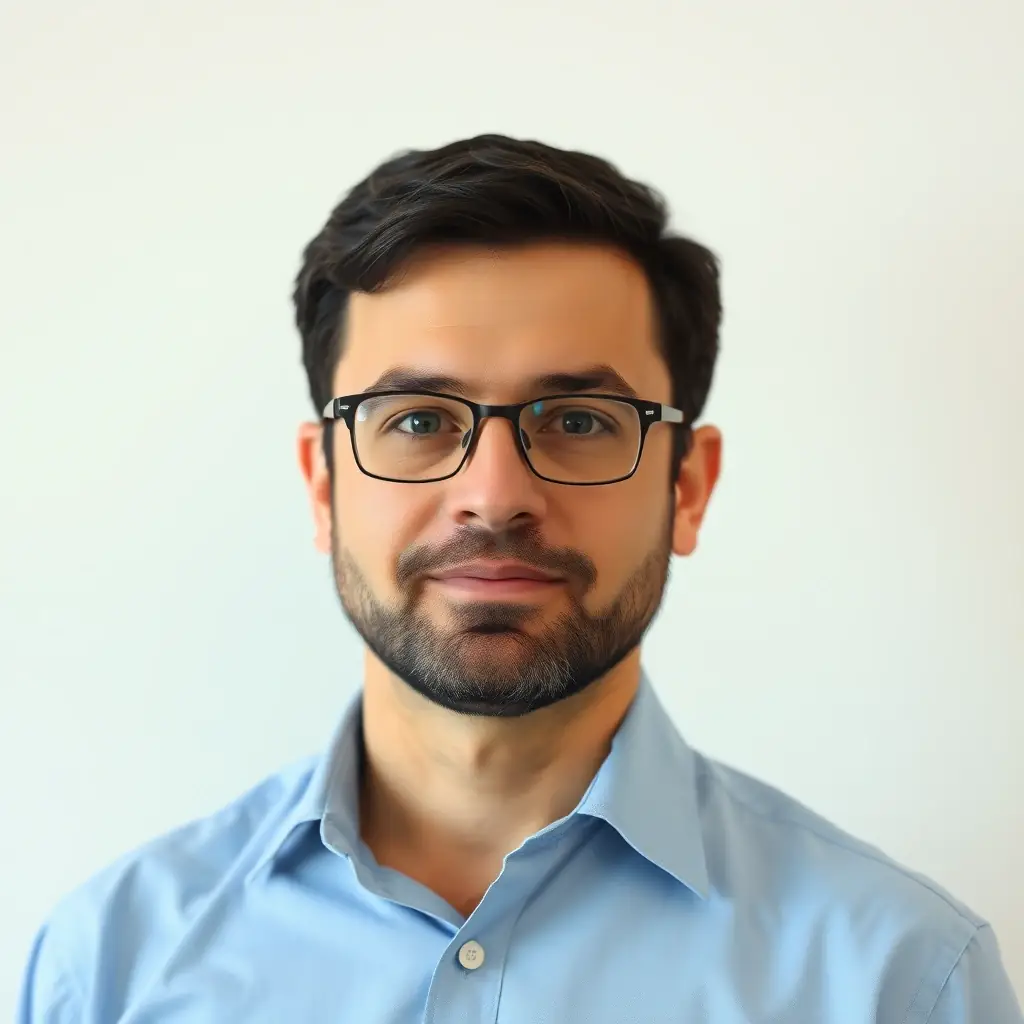 John is a clean-cut man in his early 40s with short brown hair and glasses. He has a focused expression and wears a button-down shirt.