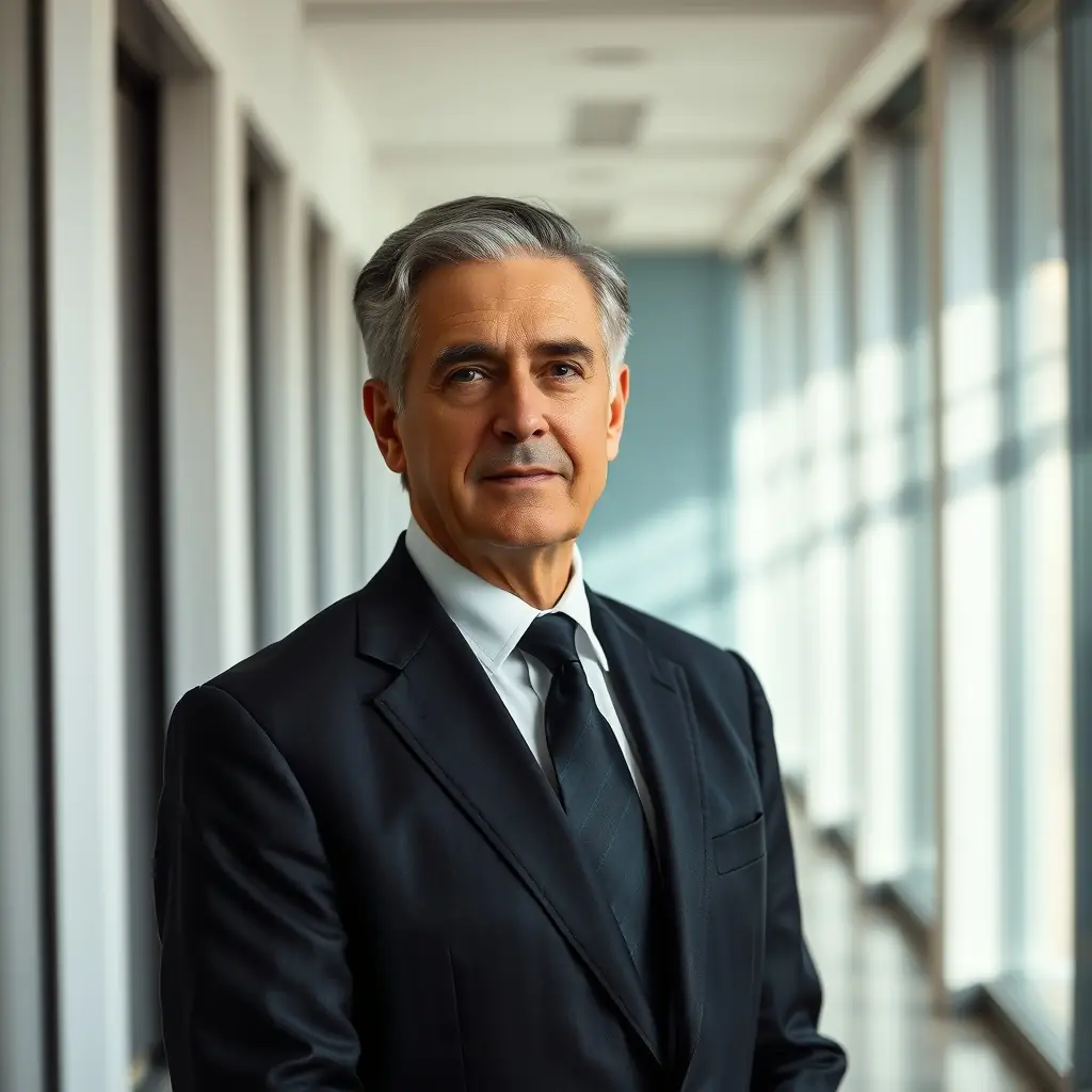 Michael is a man in his early 50s with graying hair and a thoughtful expression. He wears a neatly pressed shirt and tie.