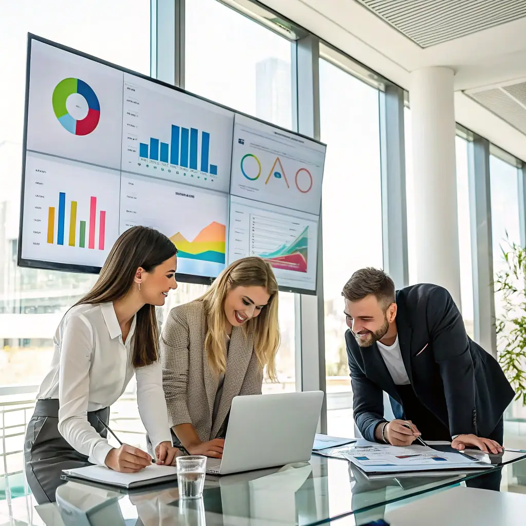 A diverse team of marketing professionals collaborating around a table, brainstorming video content ideas and strategies, with laptops and tablets displaying analytics dashboards in the background. The image should convey a sense of strategic planning and data-driven decision-making.