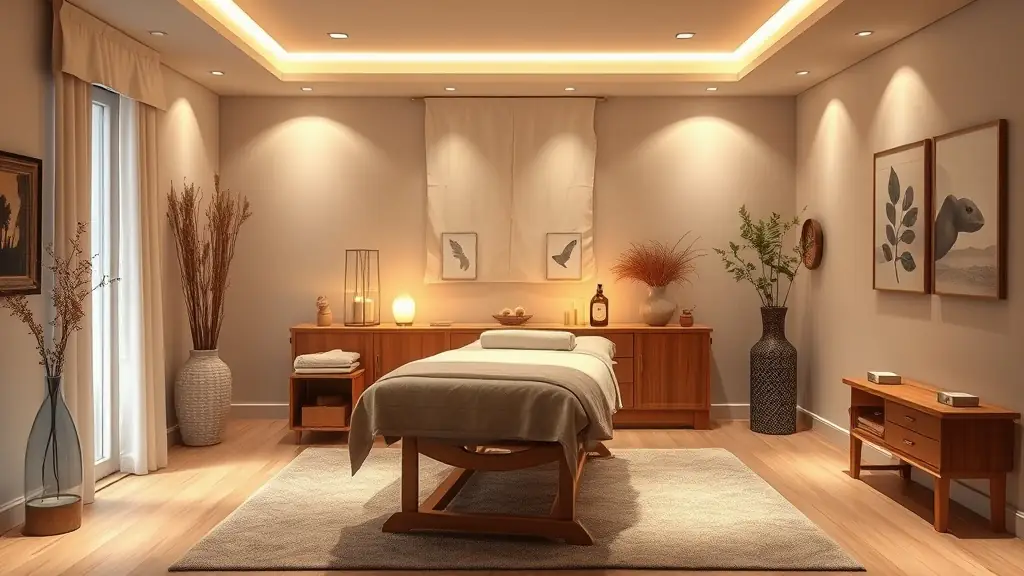A welcoming Deep Tissue Massage therapy center interior with comfortable treatment rooms and relaxing ambiance, representing the professional environment of Bur Dubai Massage