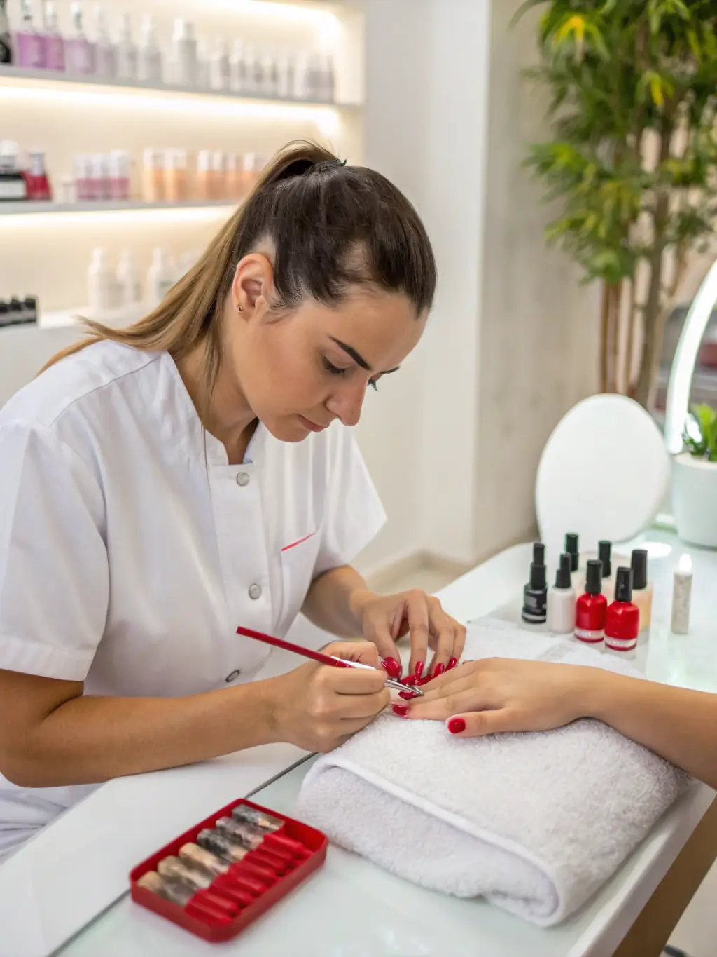 A manicurist carefully painting a client's nails with a vibrant color in a clean and organized nail salon setting. The client's hands are well-groomed, and the manicurist is using professional tools.