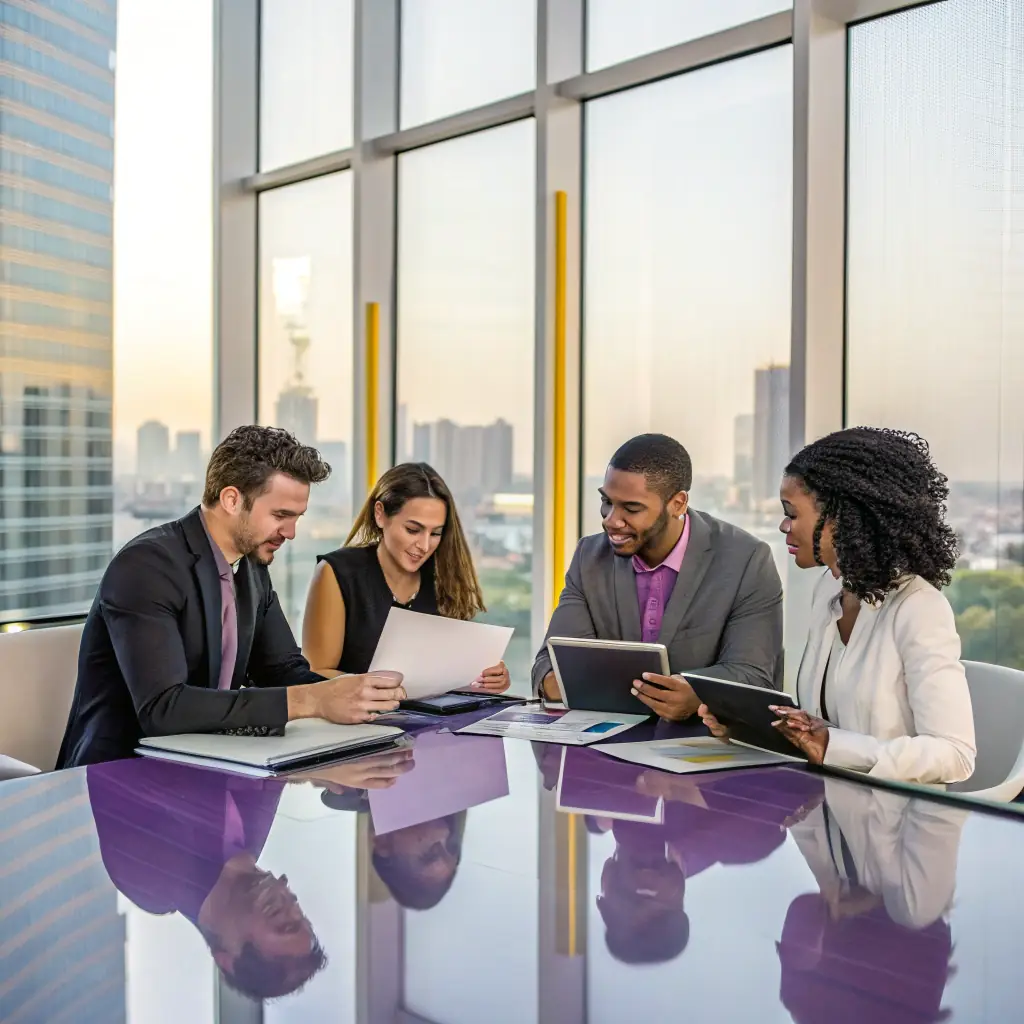 A diverse group of professionals collaborating around a table, reviewing co-branding and licensing agreements, with Brand Articulate branding subtly incorporated into the office environment.