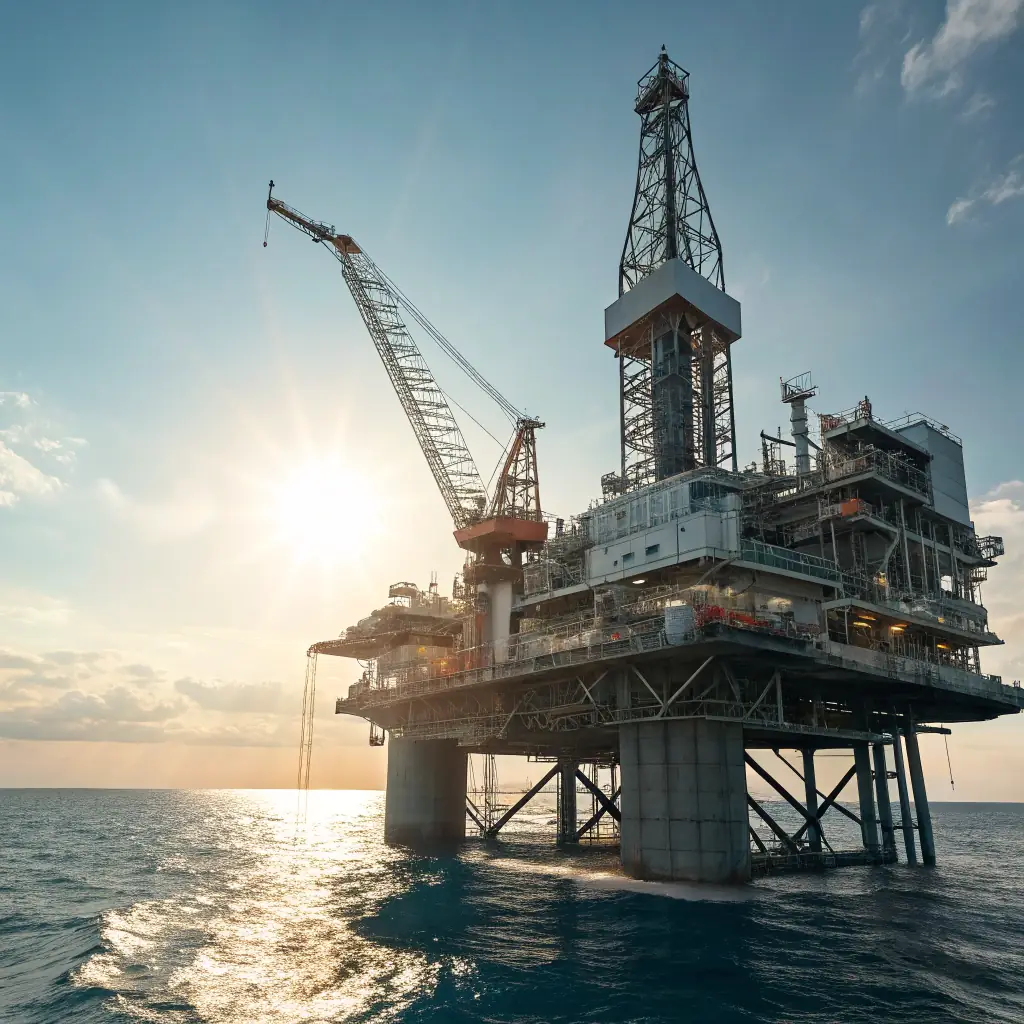 A dynamic and futuristic scene depicting the Gulf of Mexico with offshore oil drilling platforms, a META blimp, Google helicopters, and an X-wing fighter. The scene includes Google banners, chatbot signs, and Facebook logos, symbolizing the integration of advanced technology and digital marketing in a modern, offshore environment.
