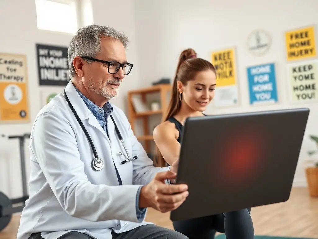 A person is doing physiotherapy exercises at home while a physiotherapist is guiding them through a video call.