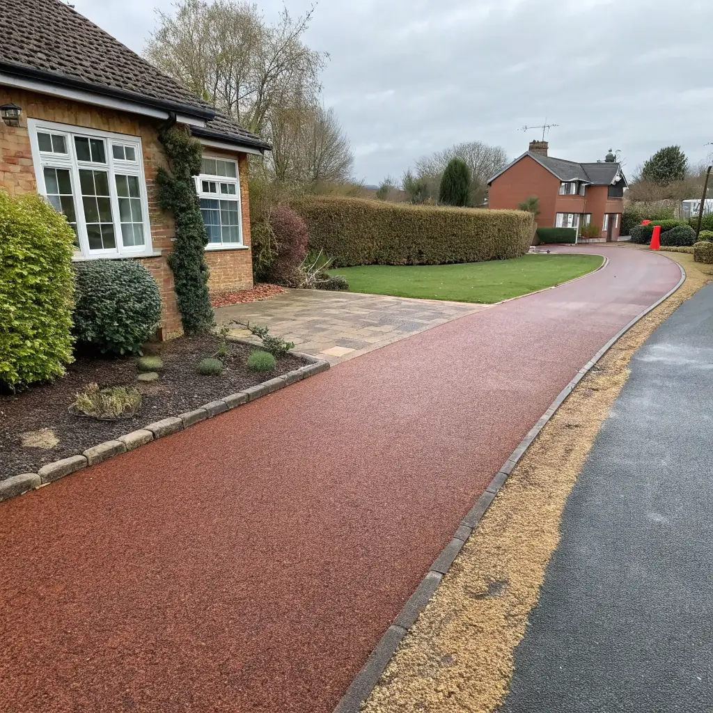 A beautifully installed resin driveway in a suburban Birmingham home, showcasing its smooth, seamless surface and enhanced kerb appeal. The driveway leads to a well-maintained garden, emphasizing the low-maintenance aspect and the overall aesthetic improvement to the property.
