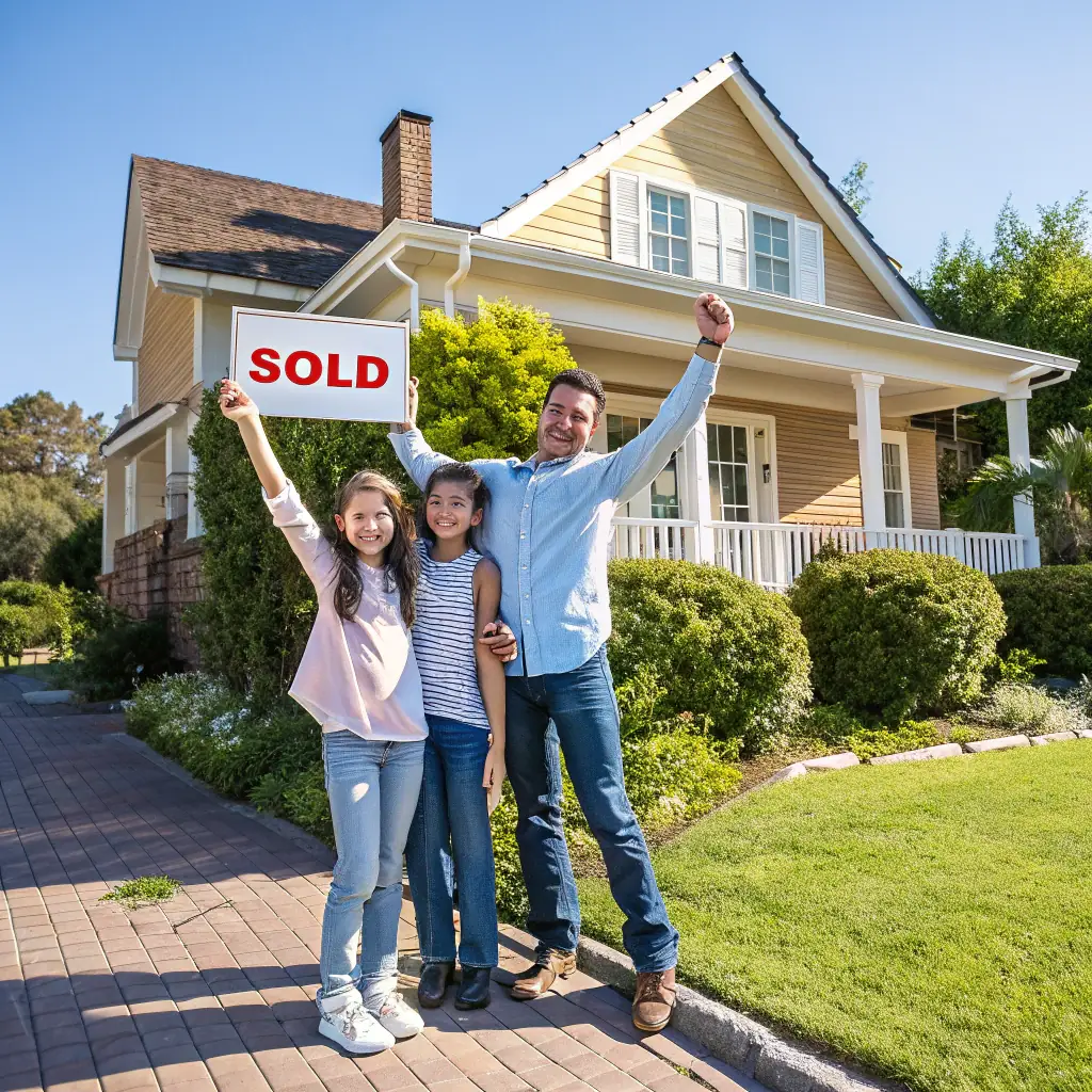 A modern, cozy house with a 'sold' sign in the front yard, symbolizing the successful lease-to-own transaction facilitated by Lease2Own Dream Home. The image should convey a sense of accomplishment and satisfaction for both the seller and the buyer.
