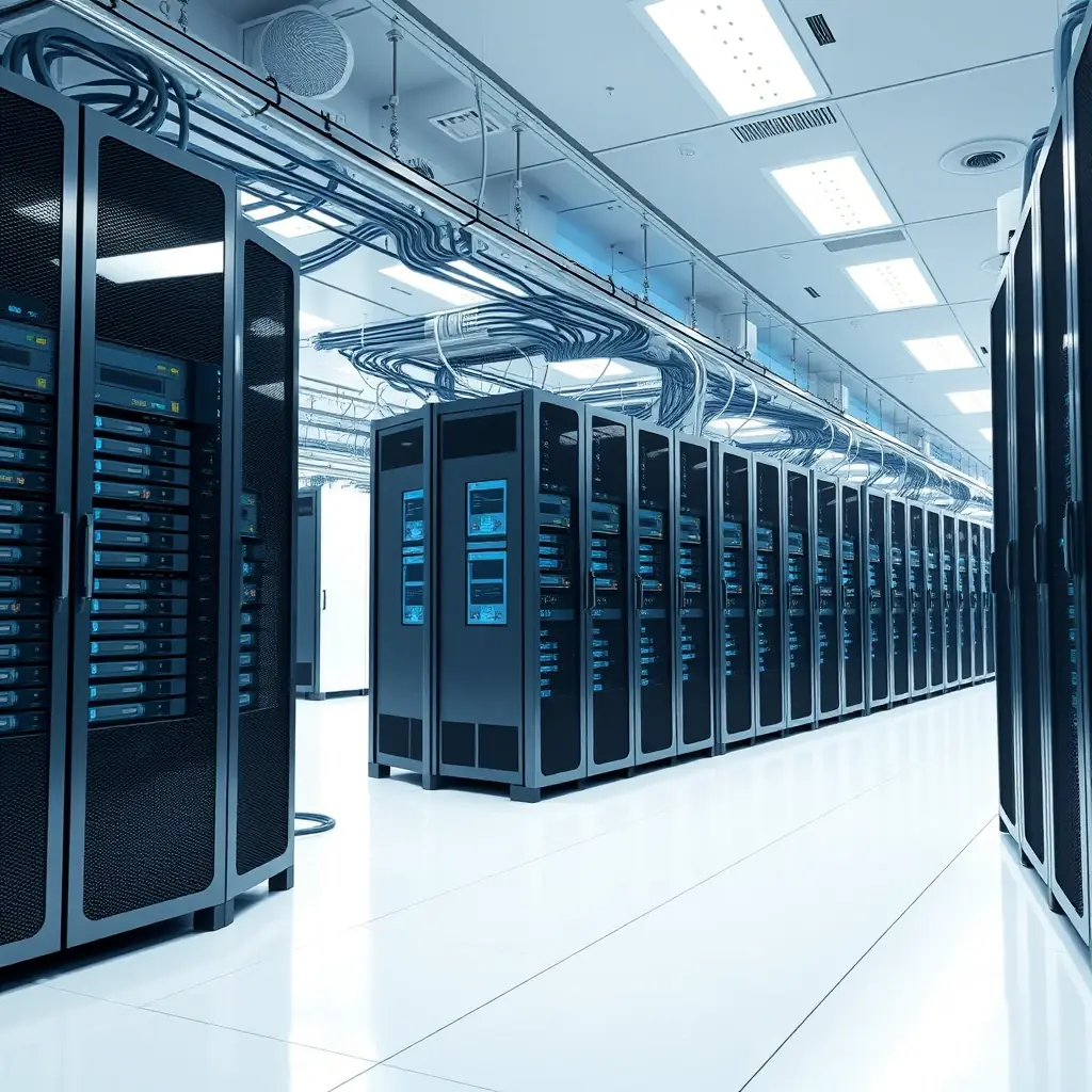 A modern data center showcasing cloud infrastructure, with fiber optic cables and renewable energy sources visible in the background, symbolizing CELINTECH's integrated solutions.