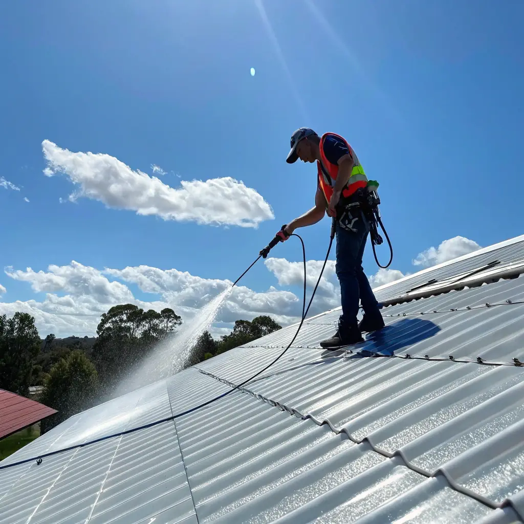 A roof being gently soft washed by a technician using a telescopic lance, showcasing the cleaning process and the equipment used by Jet Wash Innovations. The image should convey safety, thoroughness, and care for the surrounding property.