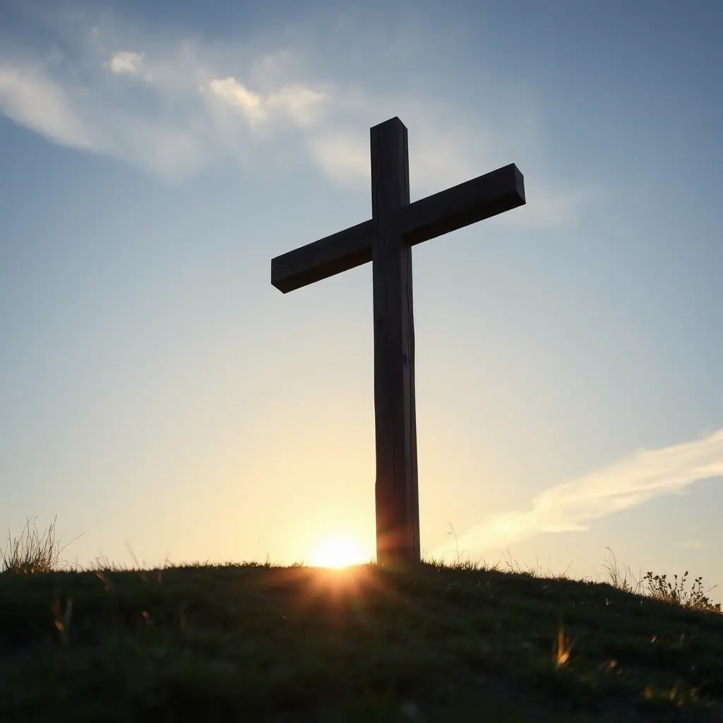 a serene, inspiring image of a cross illuminated by soft sunlight, symbolizing faith and divine guidance, suitable for the left side of the section