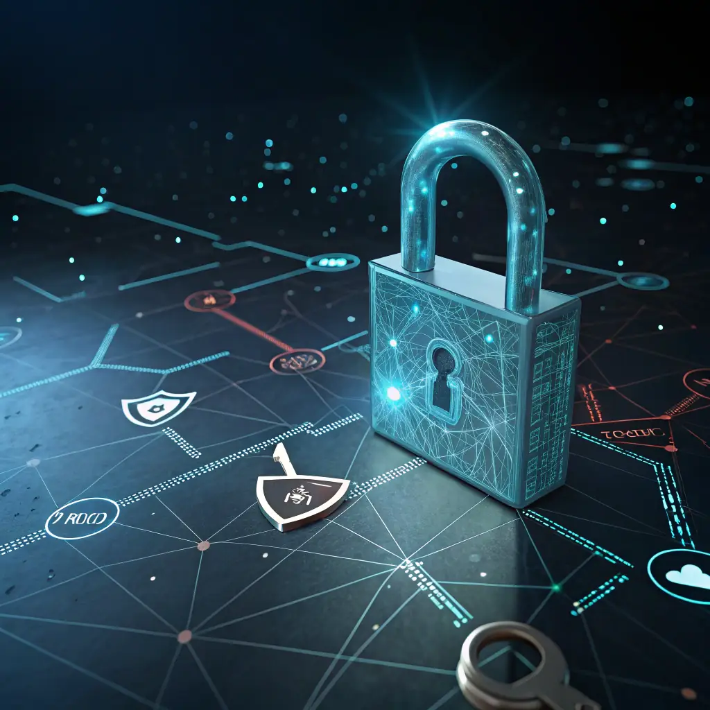 An abstract image representing data privacy and security, with a lock icon overlaid on a network of interconnected nodes, symbolizing the protection of personal information.