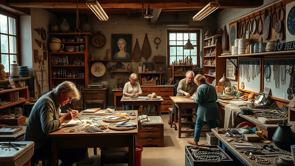 A vibrant workspace with jewelry-making tools, beads, and artisans at work, showcasing the creative process and the variety of supplies available at COCOBALEE.