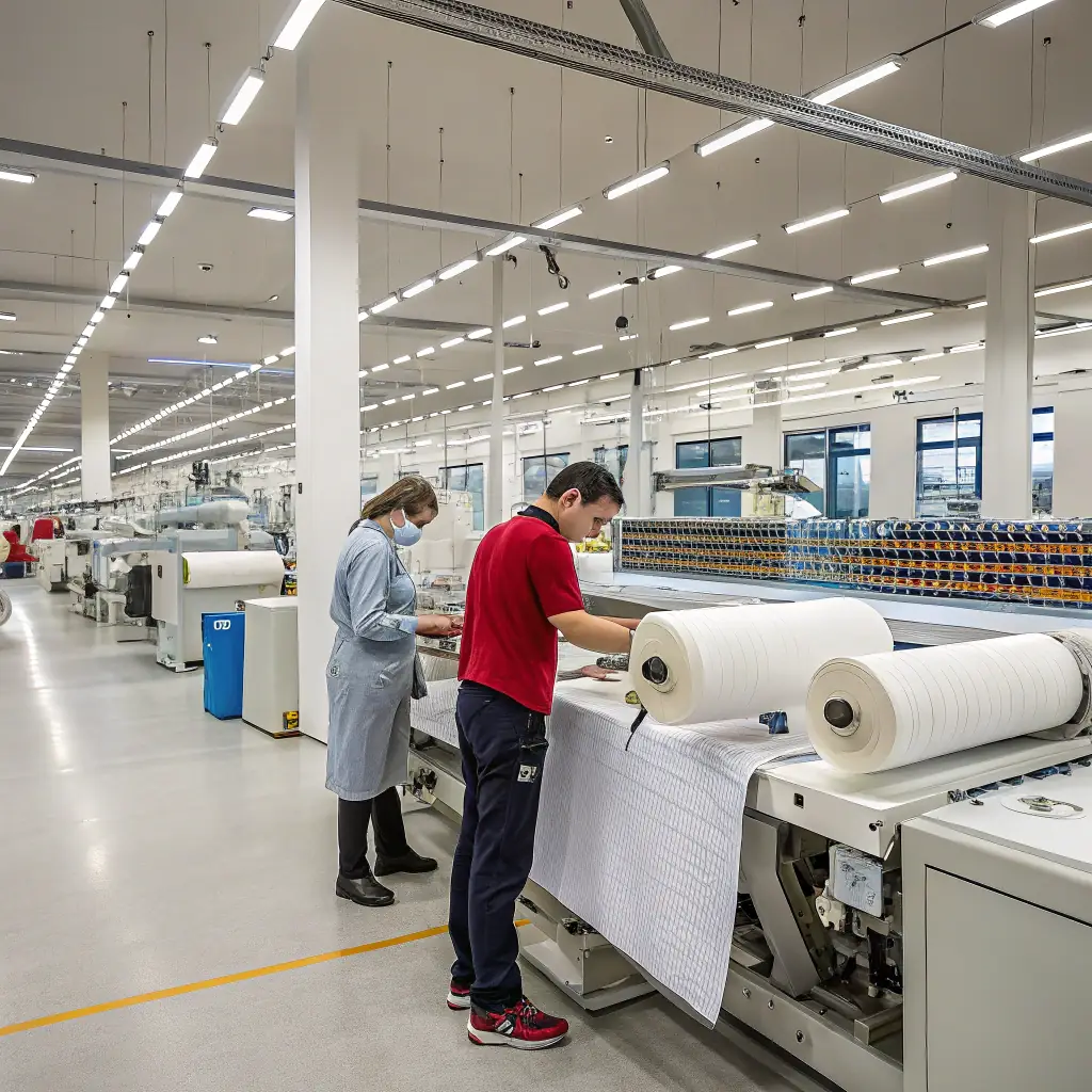A high-resolution image of the company's modern manufacturing facility, showcasing professional workers in uniforms, emphasizing quality and scale.