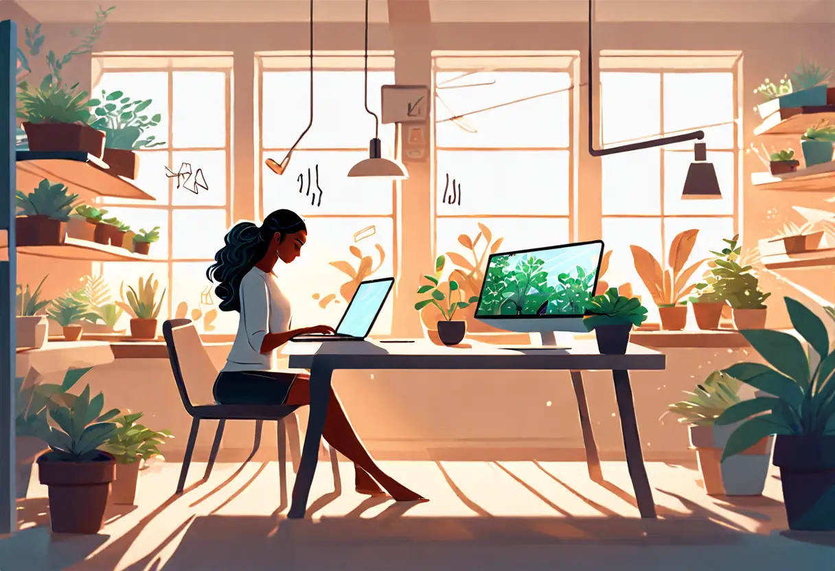 A woman using a laptop with AI tools in a bright, organized workspace.