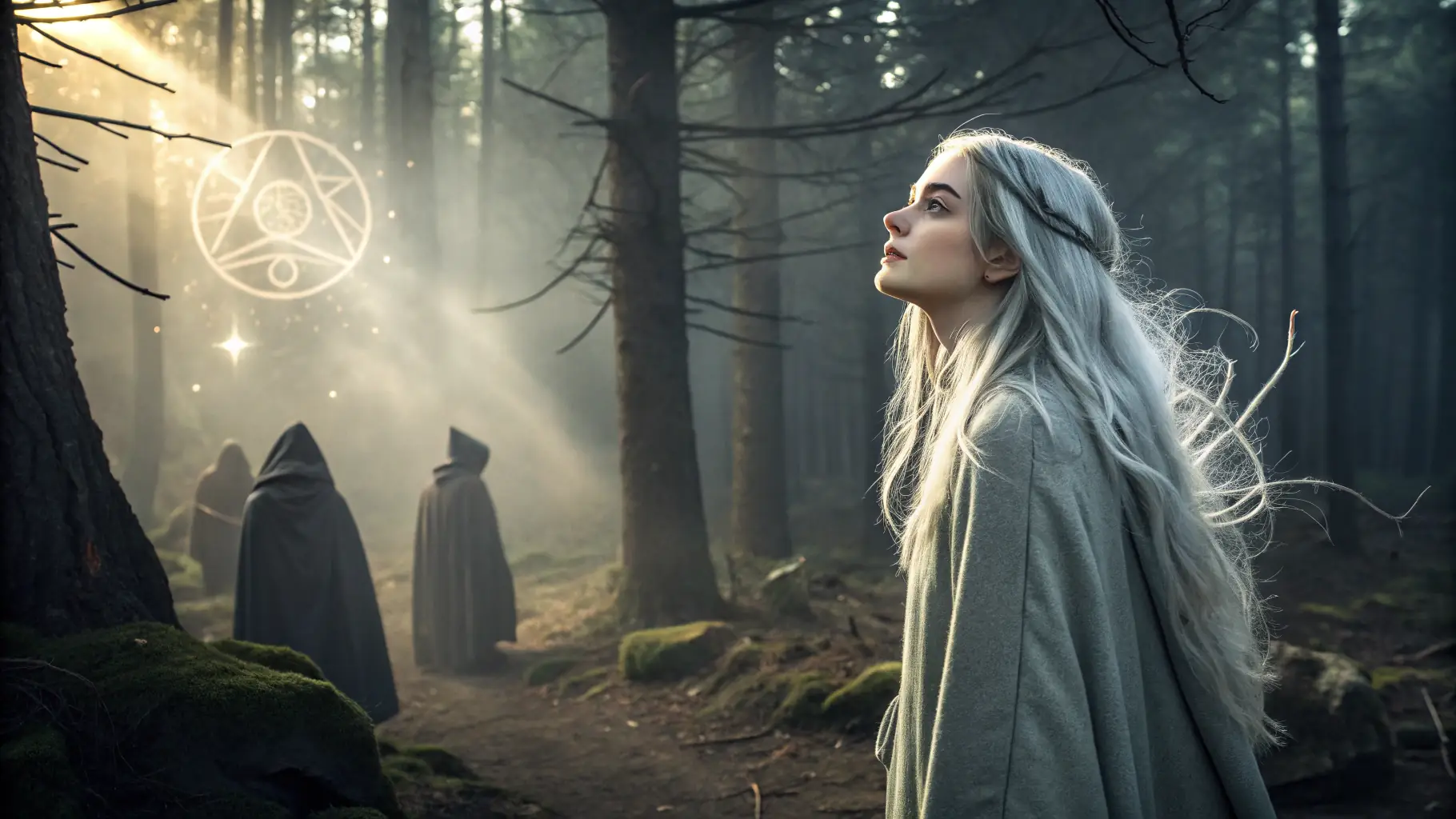 An elven queen with long flowing hair in a mystical forest setting, surrounded by glowing plants and ethereal creatures.