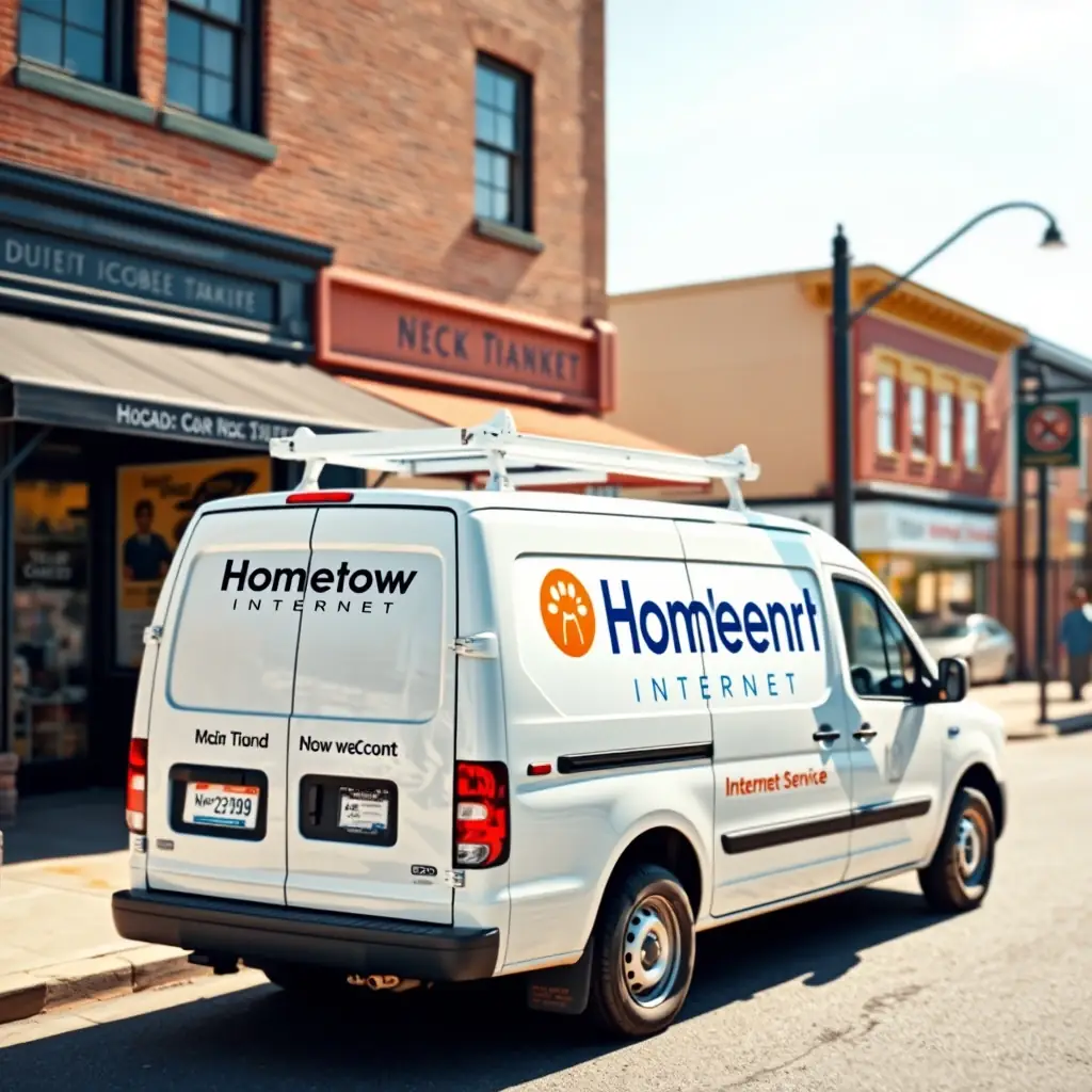 photo of HomeTown Internet MN field tech van parked in downtown Chisago with recognizable local businesses behind it, daytime, vibrant and welcoming