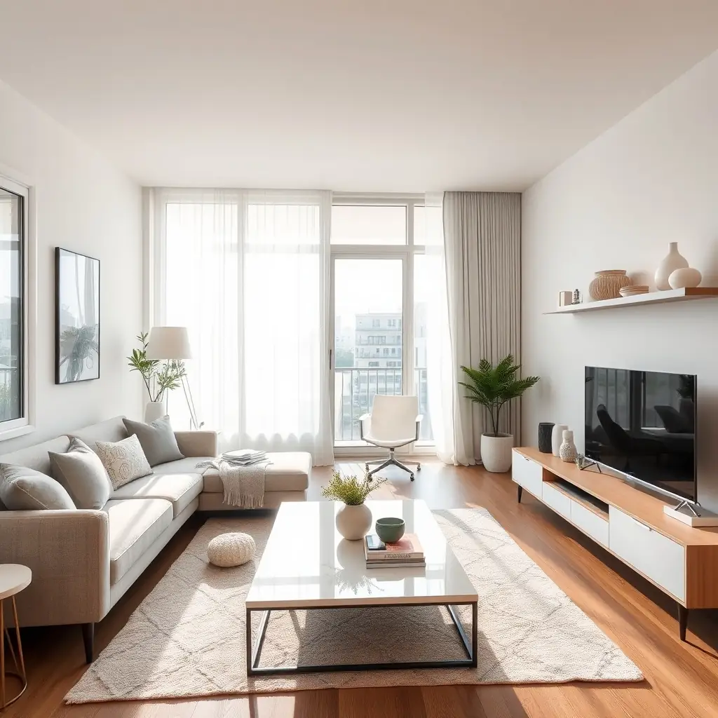A renovated apartment with modern furnishings, showcasing a bright living space filled with natural light.