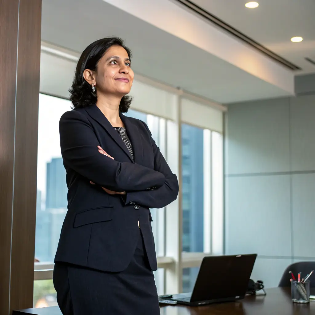 Ms. Kumar is a sharp and efficient young lady with a professional appearance, wearing a business suit, reflecting her dedication to her role.