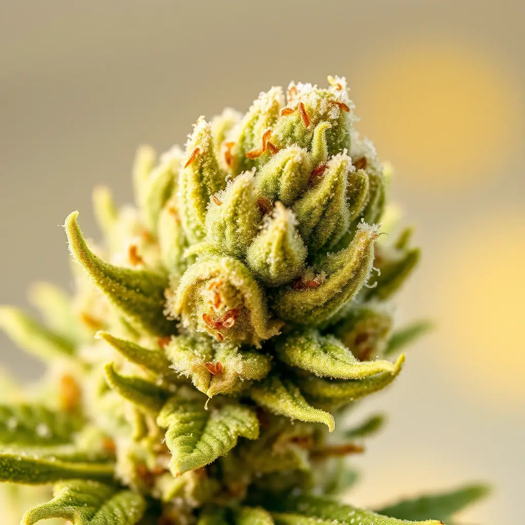 Close-up of Gelatti Mints Flower, showcasing its dense buds, vibrant green and purple hues, orange pistils, and thick trichome layer.