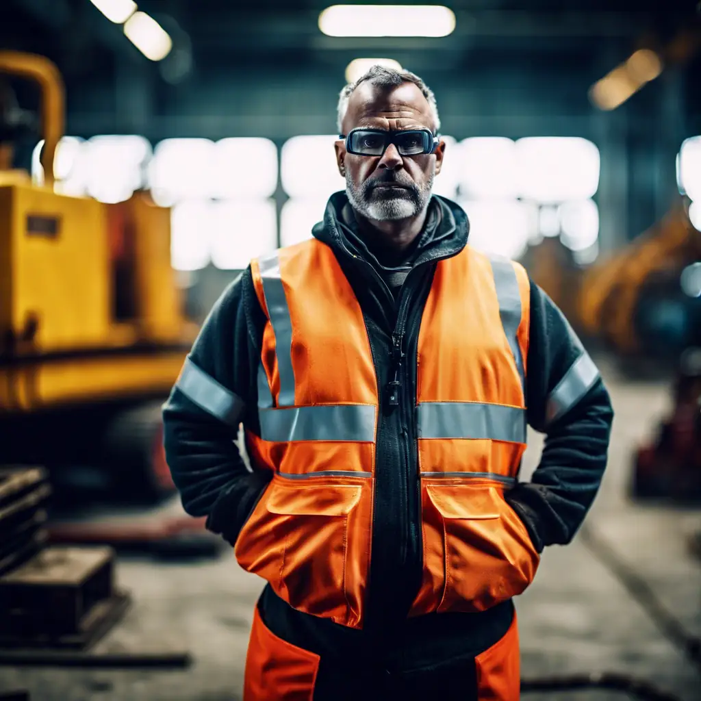 A middle-aged man in protective gear standing seriously in an industrial setting.