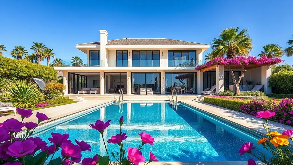 A luxurious villa in Côte d'Azur with a serene pool and lush gardens.