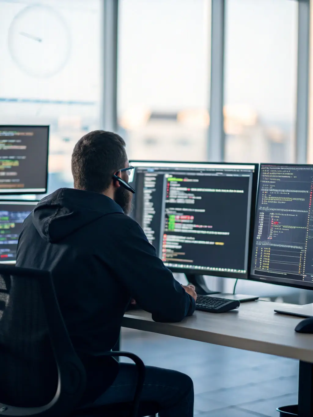 A professional IT worker coding on a computer, surrounded by multiple screens displaying complex data and software interfaces.