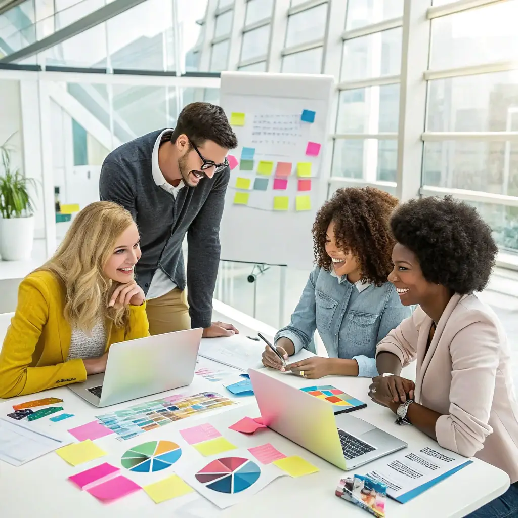 A diverse team of marketing professionals collaborating in a modern office space, brainstorming innovative strategies for a client's campaign.