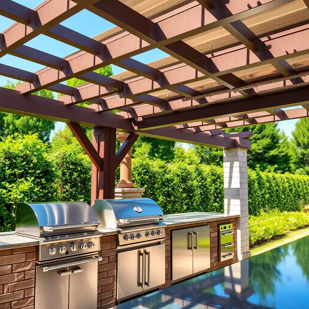 : Outdoor kitchen remodel with stainless grill, stone counters, and bar seating in Sarasota backyard]