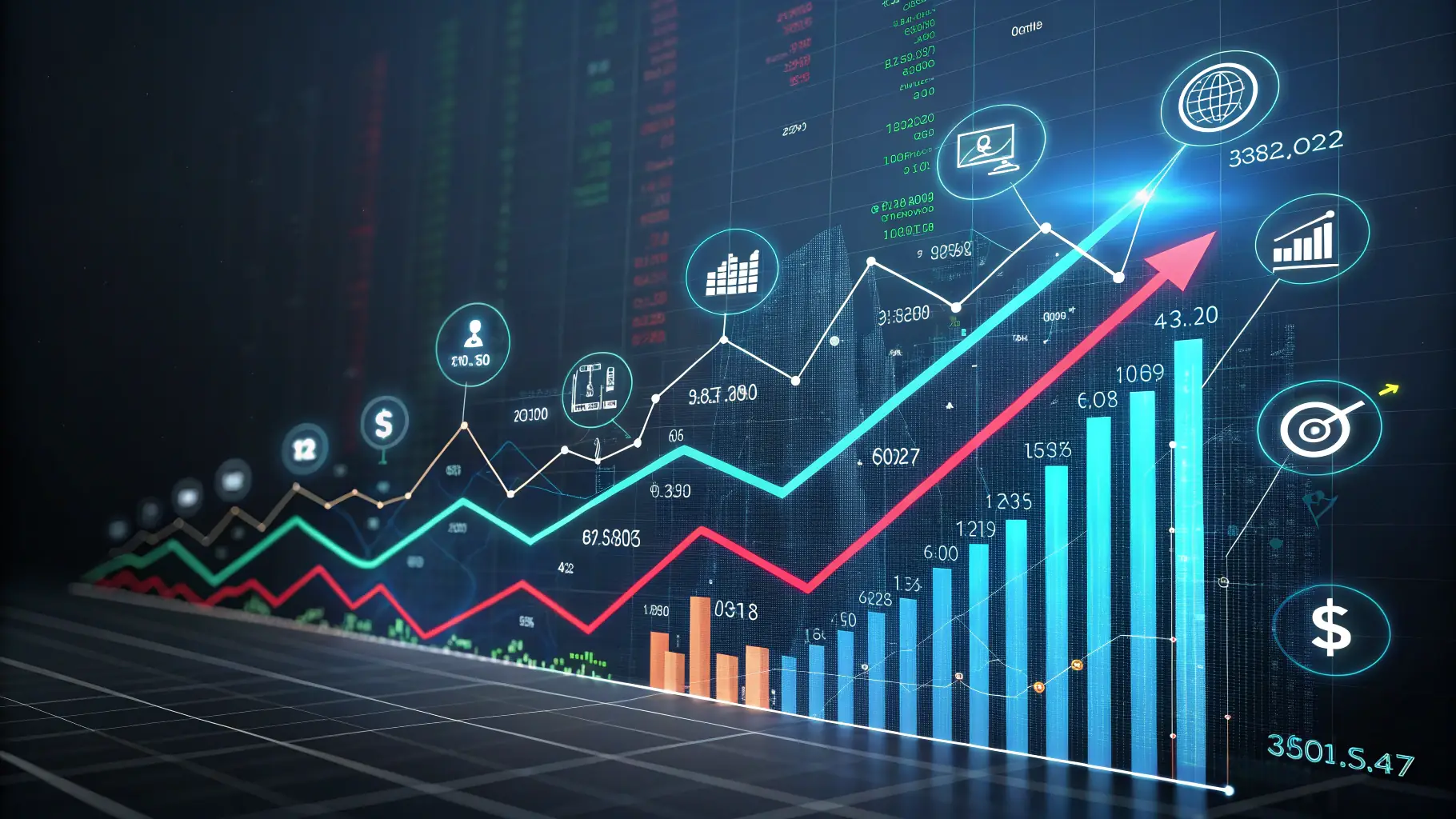 An image representing scalability, with growing bar graphs and expanding networks, combined with elements of secure data and automated tasks, conveying efficient, secure growth.