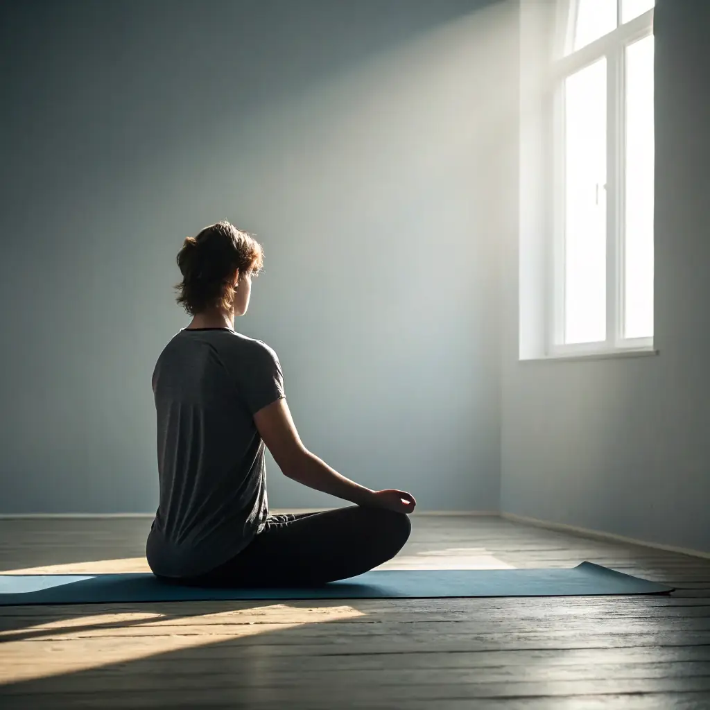 An image depicting a person in a relaxed, balanced yoga pose in a serene studio setting, emphasizing the themes of stability, strength, and overall well-being. The lighting should be soft and calming, reflecting the non-invasive and holistic approach of Utah Pain Relief Works.