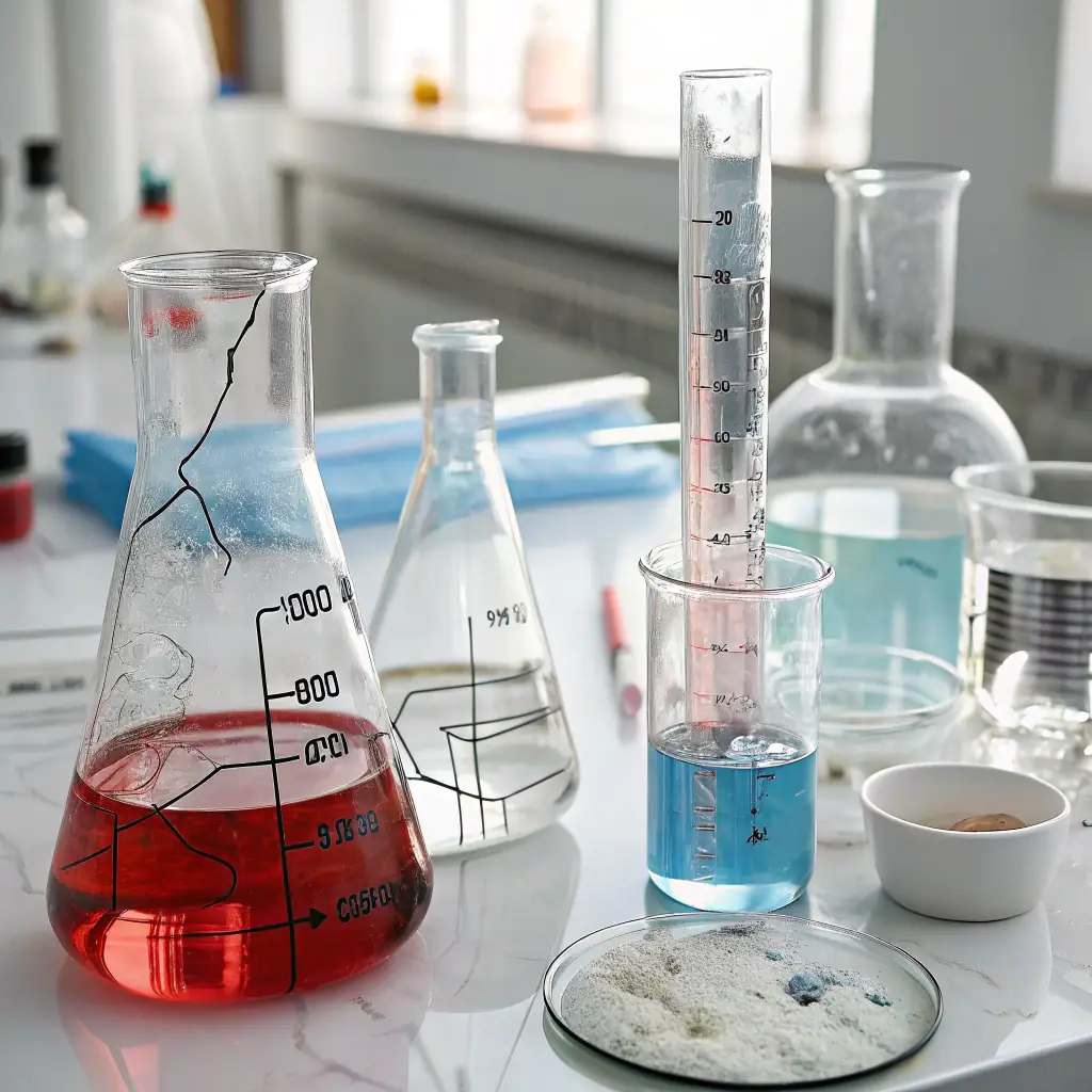 High-resolution image of laboratory glassware and chemical containers with visible safety labels, set on a clean white background, representing quality assurance and compliance in a professional e-commerce setting.